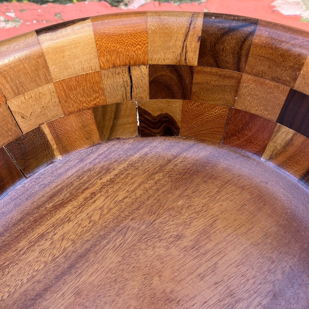 Vintage MCM Checkerboard Multicolor Wooden Serving Bowl Set 1960s Bohemian Salad - Picture 15 of 16